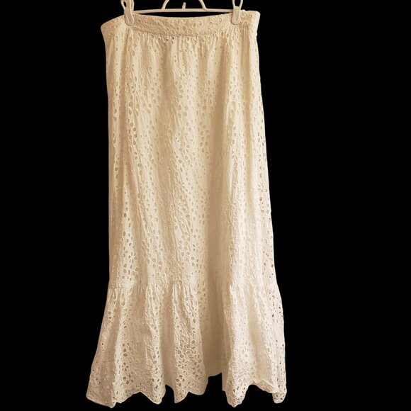 Magali Pascal Skirt Women's Large White Cotton Eyelet Maxi Boho Coastal - Picture 6 of 9